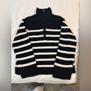 H&M Black & Cream Striped Half-Zip Sweater
